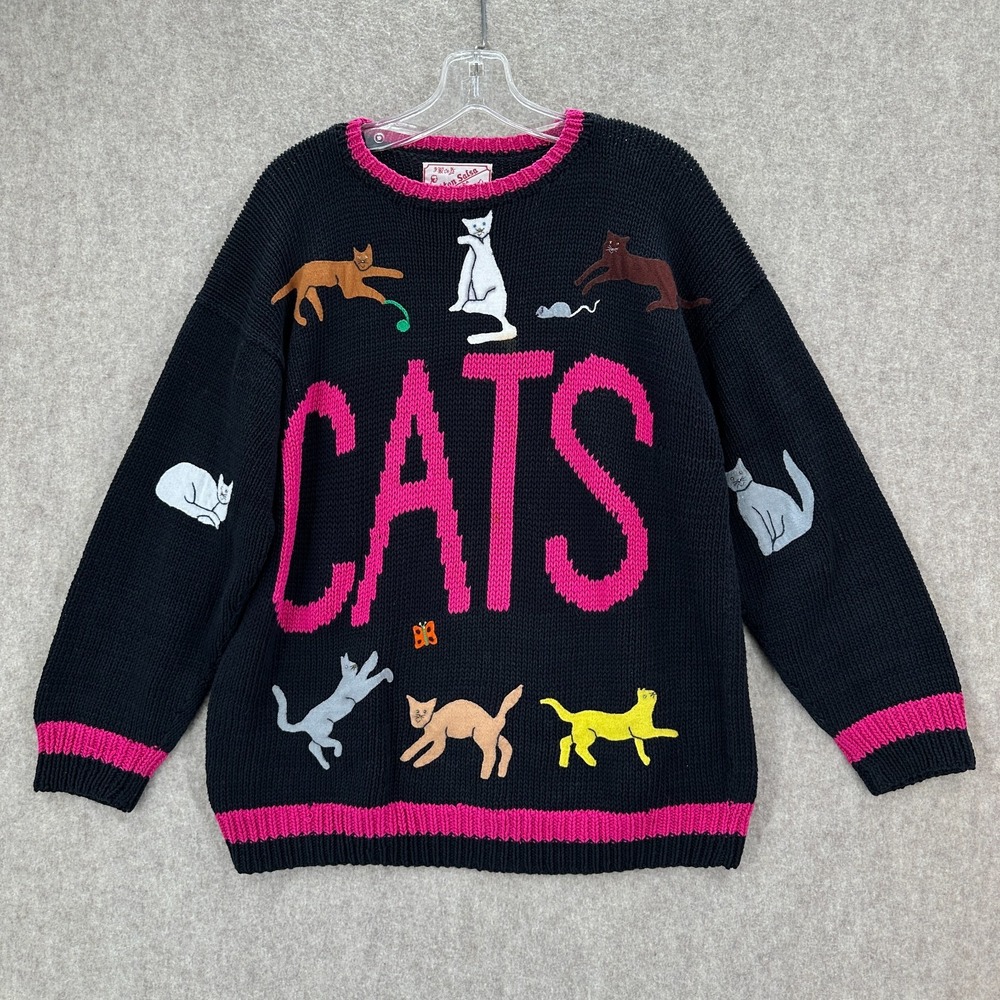 Vtg Cotton Salsa Womens Knit Black‎ & Pink Cats Sweater Made in Peru